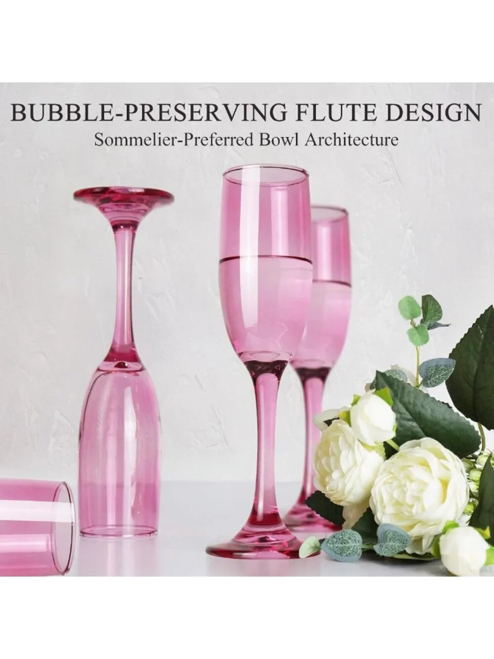 Elegant Pink Champagne Flutes Set of 6 - 6oz Long Stem Glasses for Weddings
